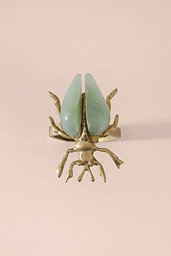 Brown Brass & Jade Stone Napkin Ring Set