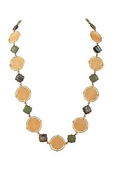 Gold Finish Green Quartz Coin Long Necklace In 92.5 Sterling Silver