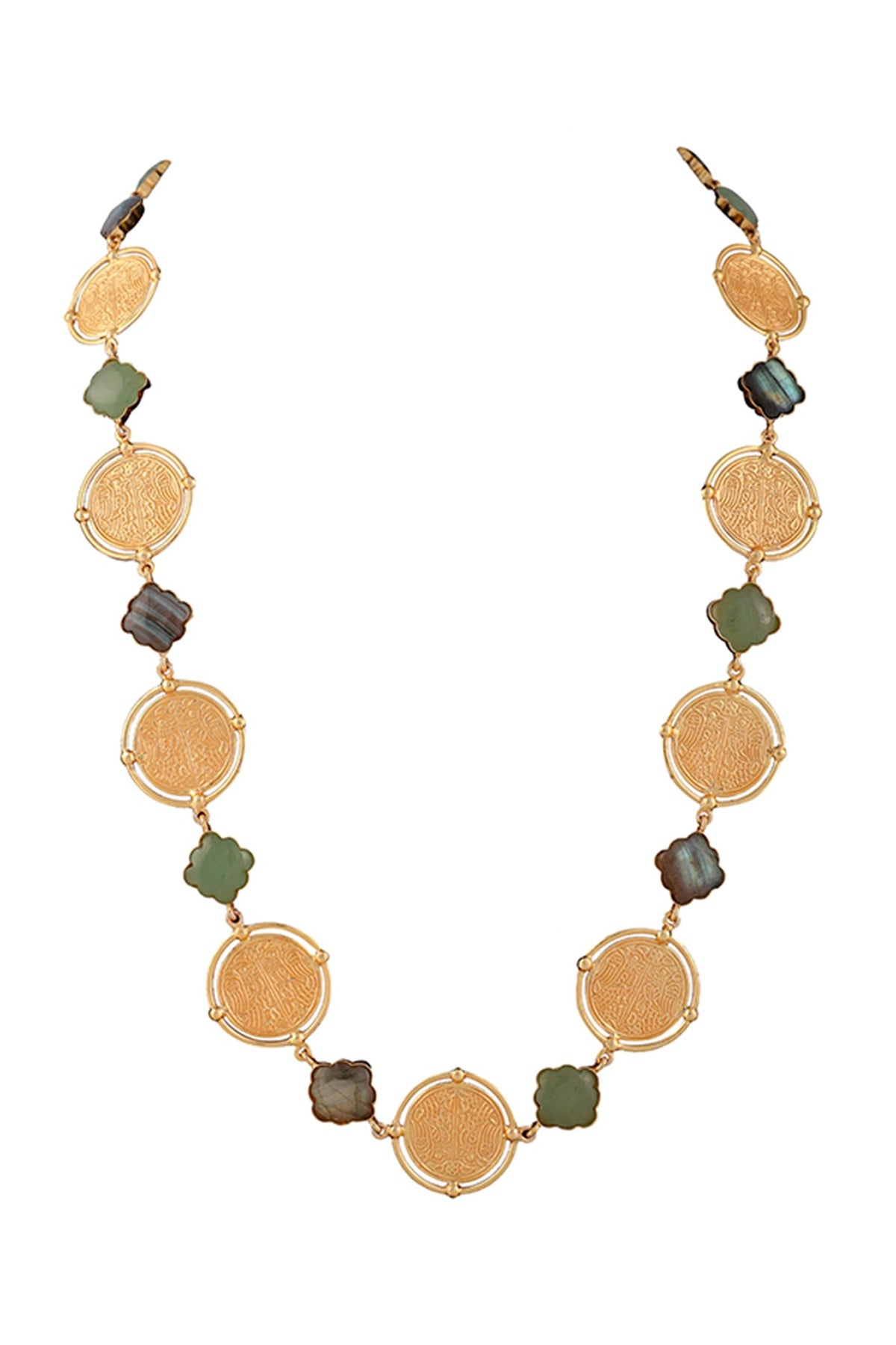 Gold Finish Green Quartz Coin Long Necklace In 92.5 Sterling Silver
