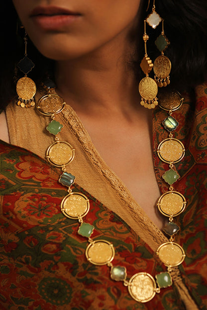 Gold Finish Green Quartz Coin Long Necklace In 92.5 Sterling Silver