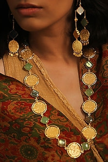 Gold Finish Green Quartz Coin Long Necklace In 92.5 Sterling Silver