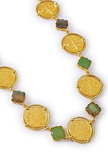 Gold Finish Green Quartz Coin Long Necklace In 92.5 Sterling Silver