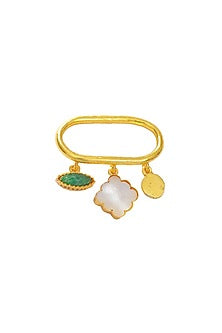 Gold Finish Green Quartz Double Finger Ring In 92.5 Sterling Silver