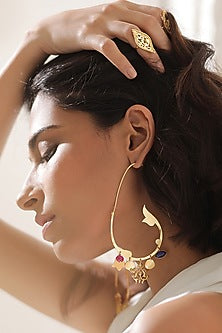 Gold Finish Red Onyx Hoop Earrings In 92.5 Sterling Silver