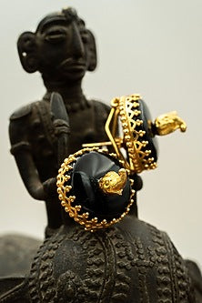 Gold Finish Elephant Black Onyx Stud Earrings In Sterling Silver