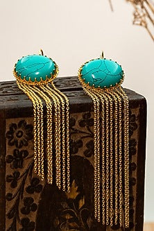 Gold Finish Turquoise Stone Dangler Earrings In Sterling Silver