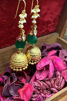 Gold Finish Kundan & Pearl Handcrafted Jhumka Earrings In Sterling Silver