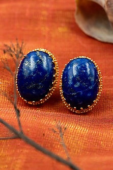 Gold Finish Lapis Lazuli Stud Earrings In Sterling Silver
