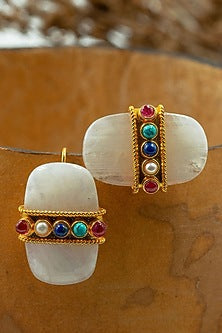 Gold Finish Moonstone Lapis Stud Earrings In Sterling Silver