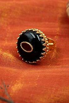Gold Finish Black Onyx Stone Ring In Sterling Silver