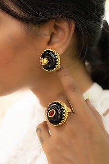 Gold Finish Black Onyx Stone Ring In Sterling Silver