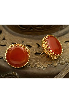 Gold Finish Chalcedony Stone Stud Earrings In Sterling Silver