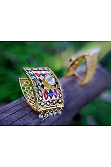 Gold Finish Kundan Enameled & Menekari Stud Earrings In Sterling Silver