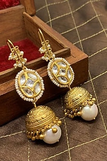 Gold Finish Kundan & Pearl Handcrafted Jhumka Earrings In Sterling Silver