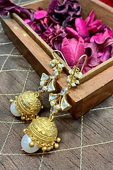 Gold Finish Kundan & Pearl Handcrafted Jhumka Earrings In Sterling Silver