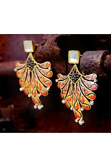 Gold Finish Kundan & Pearl Meenekari Dangler Earrings In Sterling Silver