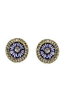 Gold Finish Kundan Meenakari Stud Earrings In Sterling Silver