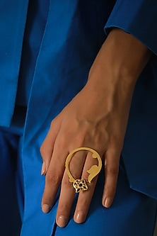Gold Finish Double Finger Enameled Ring In Sterling Silver
