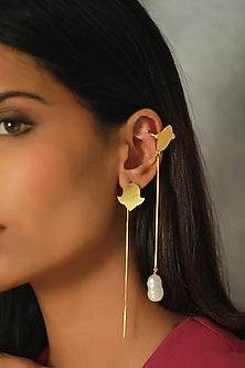 Gold Finish Baroque Pearl Dangling Clips In Sterling Silver