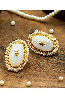 Gold Finish Moonstone & Pearl Stud Earrings In Sterling Silver