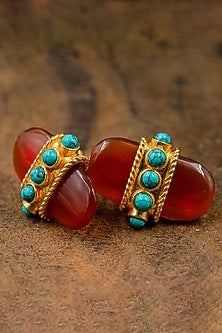 Gold Finish Carnelian & Moonstone Loop Earrings In Sterling Silver
