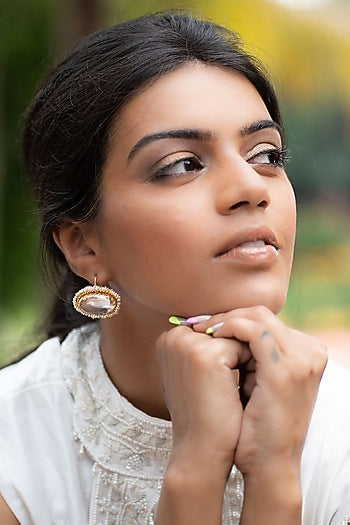 Gold Finish Quartz & Pearl Loop Earrings In Sterling Silver