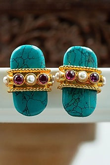 Gold Finish Feroza Stud Earrings In Sterling Silver
