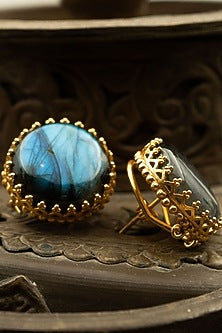 Gold Finish Labradorite Stone Stud Earrings In Sterling Silver
