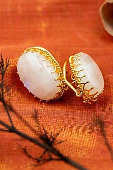 Gold Finish Moonstone Stud Earrings In Sterling Silver