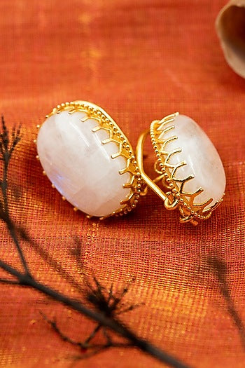 Gold Finish Moonstone Stud Earrings In Sterling Silver