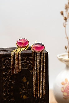 Gold Finish Red Onyx Dangler Earrings In Sterling Silver