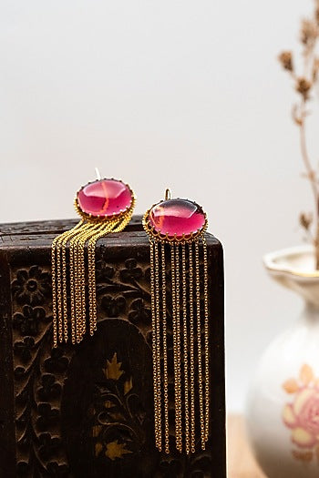 Gold Finish Red Onyx Dangler Earrings In Sterling Silver