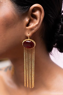Gold Finish Red Onyx Dangler Earrings In Sterling Silver