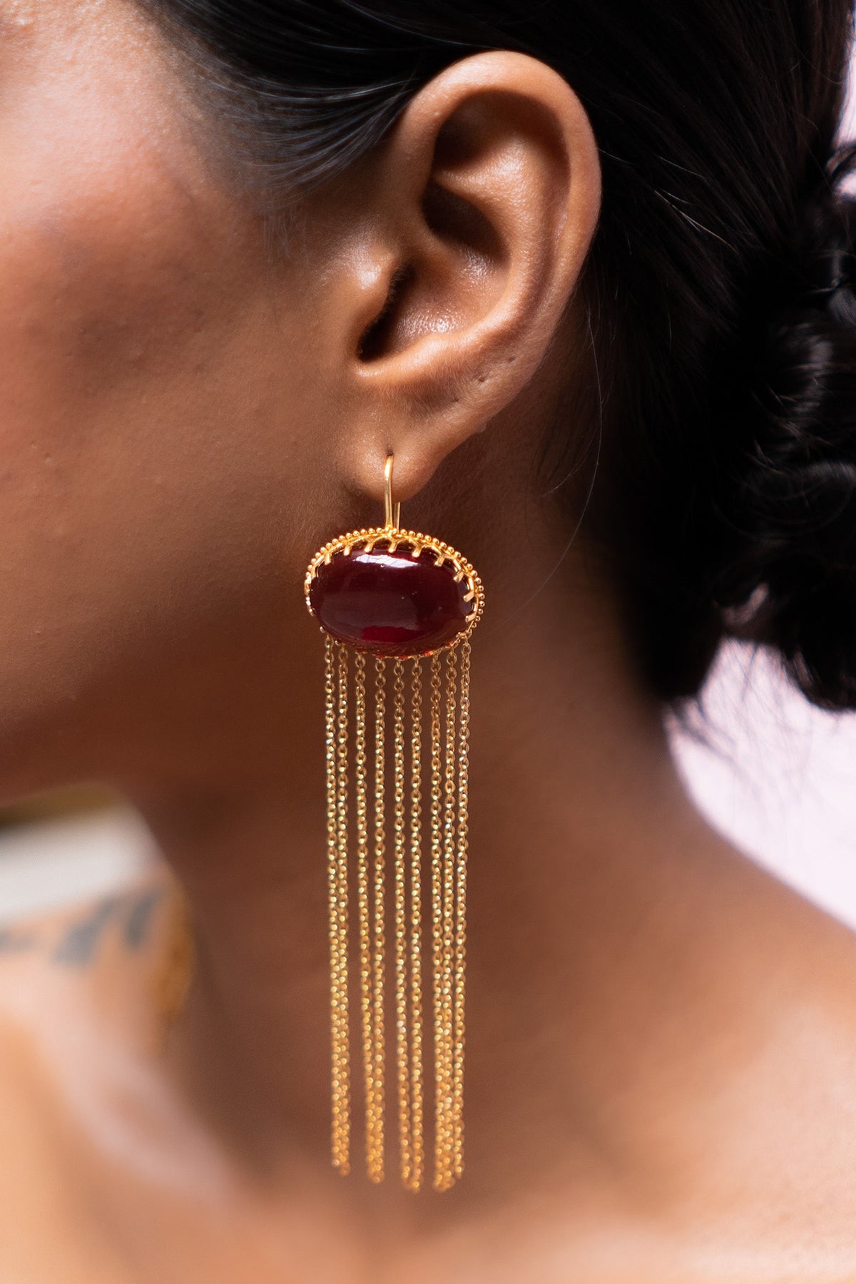 Gold Finish Red Onyx Dangler Earrings In Sterling Silver