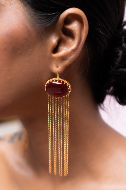 Gold Finish Red Onyx Dangler Earrings In Sterling Silver