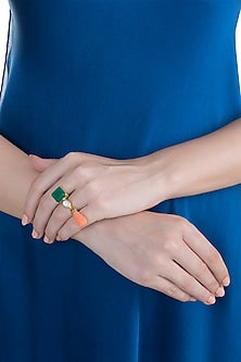 Gold Finish Green Onyx & Carved Coral Stone Ring