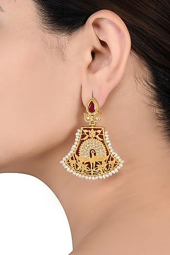Gold Finish Pearl Earrings In Sterling Silver