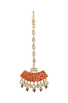 Gold Finish Crystal Maang Tikka In Sterling Silver