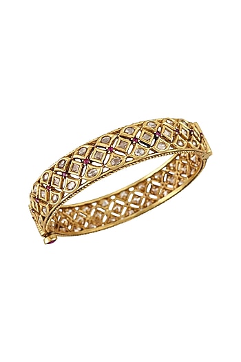 Gold Finish Crystal Openable Bangle In Sterling Silver