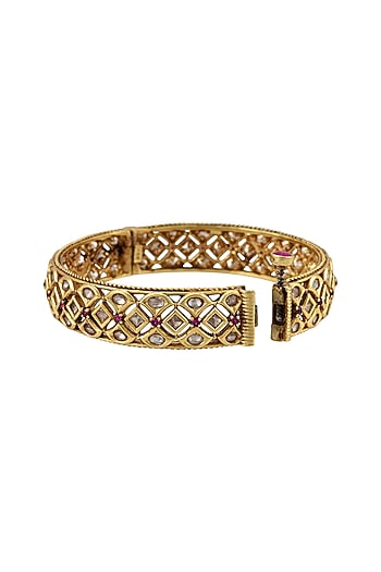 Gold Finish Crystal Openable Bangle In Sterling Silver