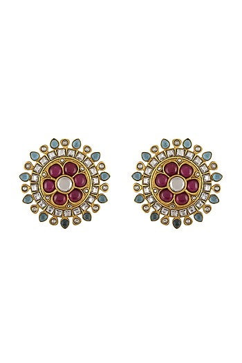 Gold Finish Glass Handcrafted Stud Earrings In Sterling Silver