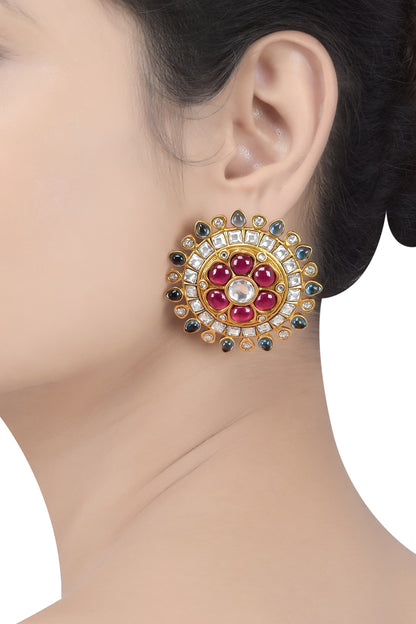 Gold Finish Glass Handcrafted Stud Earrings In Sterling Silver