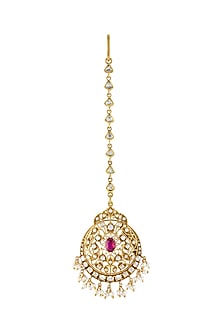 Gold Finish Pearl & Glass Maang Tikka In Sterling Silver