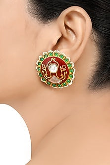 Gold Finish Pearl & Crystal Enameled Floral Stud Earrings