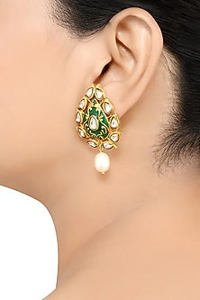Gold Finish Pearl & Crystal Floral Stud Earrings