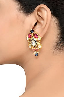 Gold Finish Pearl & Crystal Floral Stud Earrings