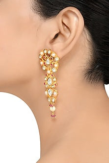 Gold Finish Pearl & Crystal Floral Dangler Earrings