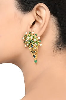Gold Finish Pearl & Crystal Floral Dangler Earrings