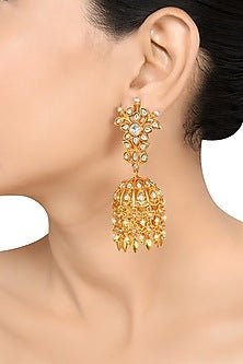 Gold Finish Pearl & Crystal Floral Dangler Earrings