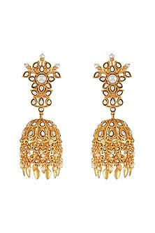 Gold Finish Pearl & Crystal Floral Dangler Earrings